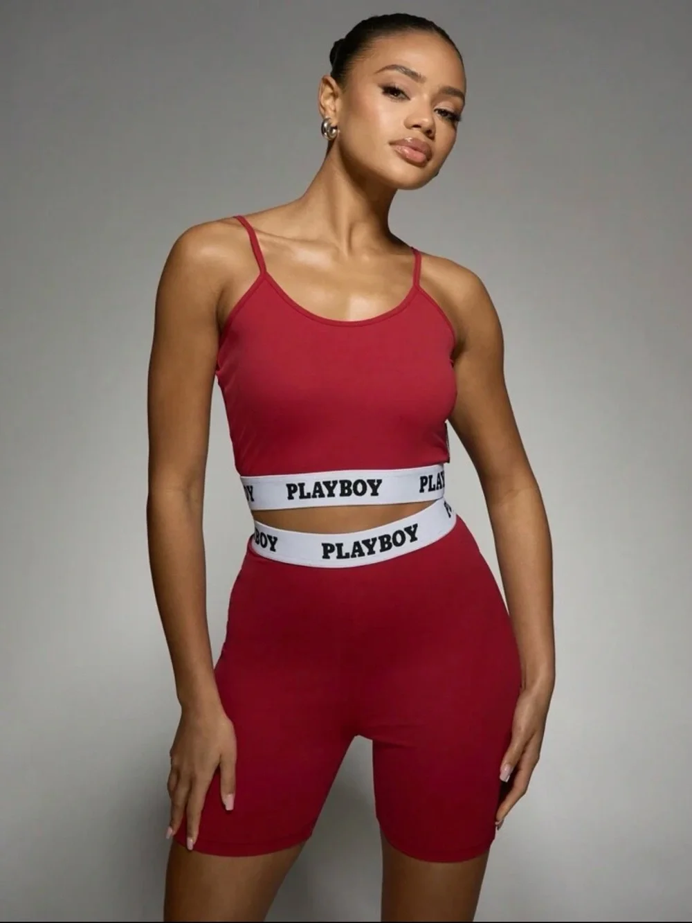 PLAYBOY Red Crop Cami & Biker Shorts Set with Branded Waistband